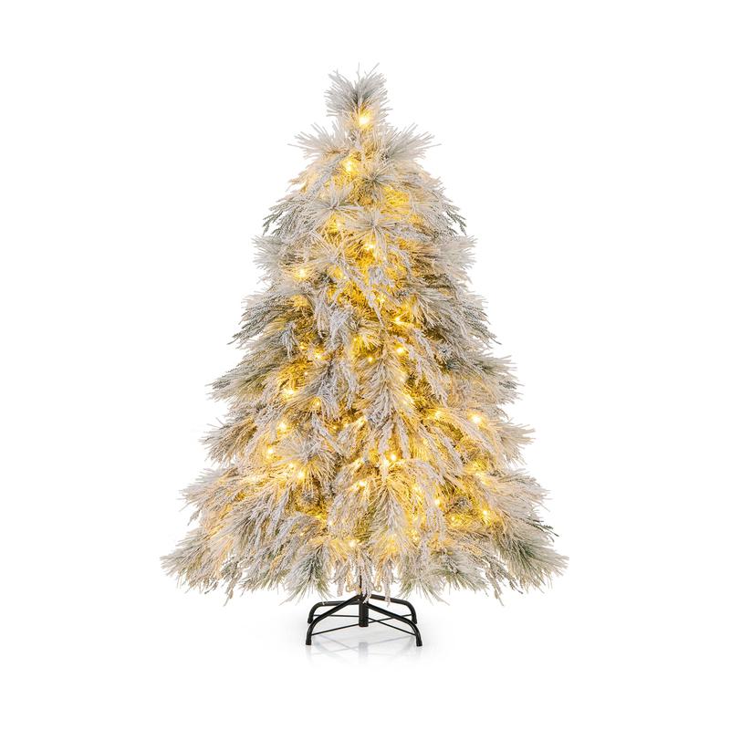 4.5 ft Snow Flocked Christmas Tree With Warm White LED Lights, White - White