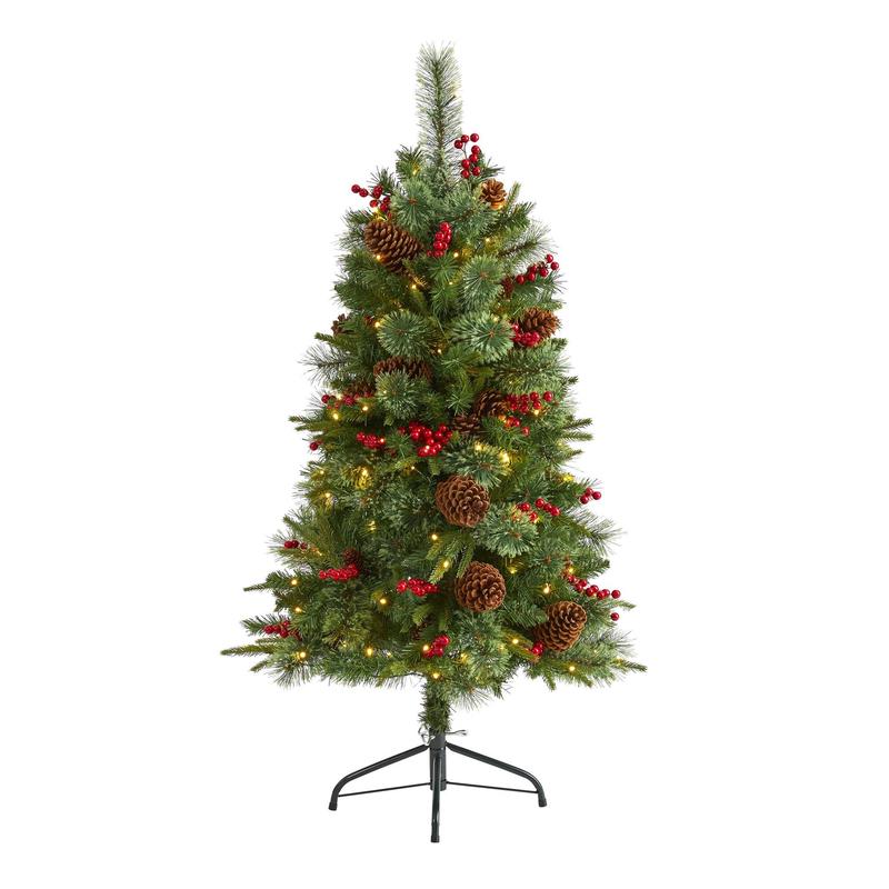 4 Norway Mixed Pine Artificial Christmas Tree with 150 Clear LED Lights, Pine Cones and Berries