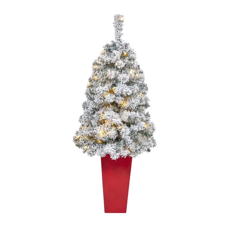 44 Flocked Rock Springs Spruce Artificial Christmas Tree with 50 Clear LED Lights in Red Tower Planter
