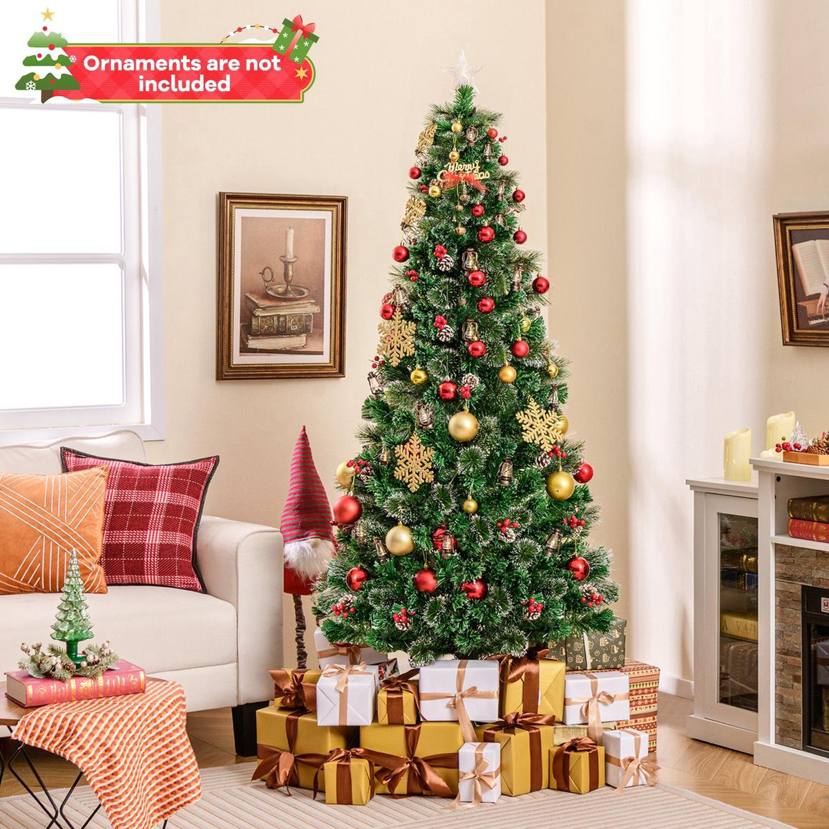 5/6/7  - 7  5/6/7 Feet Artificial Christmas Tree with Red Berries and Kerosene Lamps-7 ft