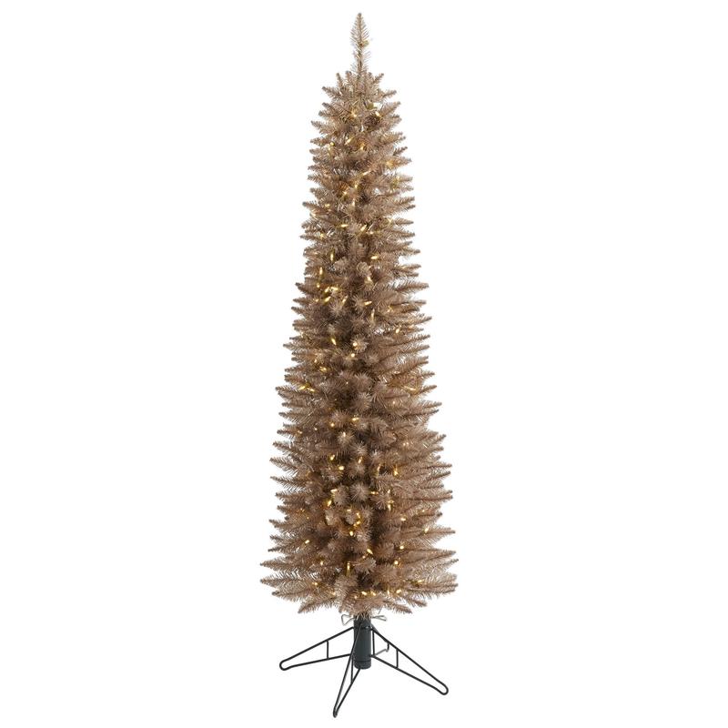 5 Champagne Pencil Artificial Christmas Tree with 250 (multifunction) Clear LED Lights and 438 Bendable Branches