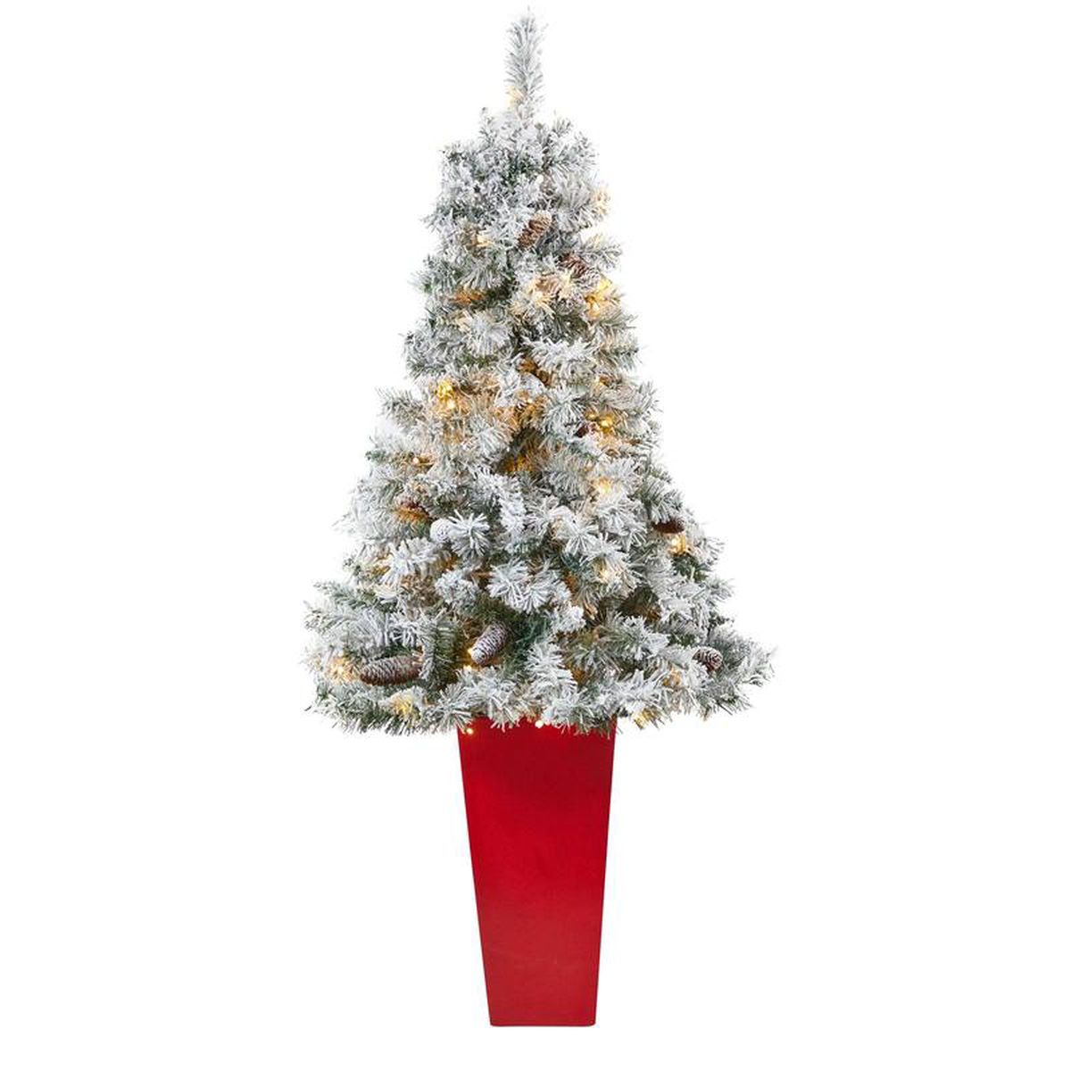 58217 Flocked White River Mountain Pine Artificial Christmas Tree with Pinecones and 100 Clear LED Lights in Red Tower Planter