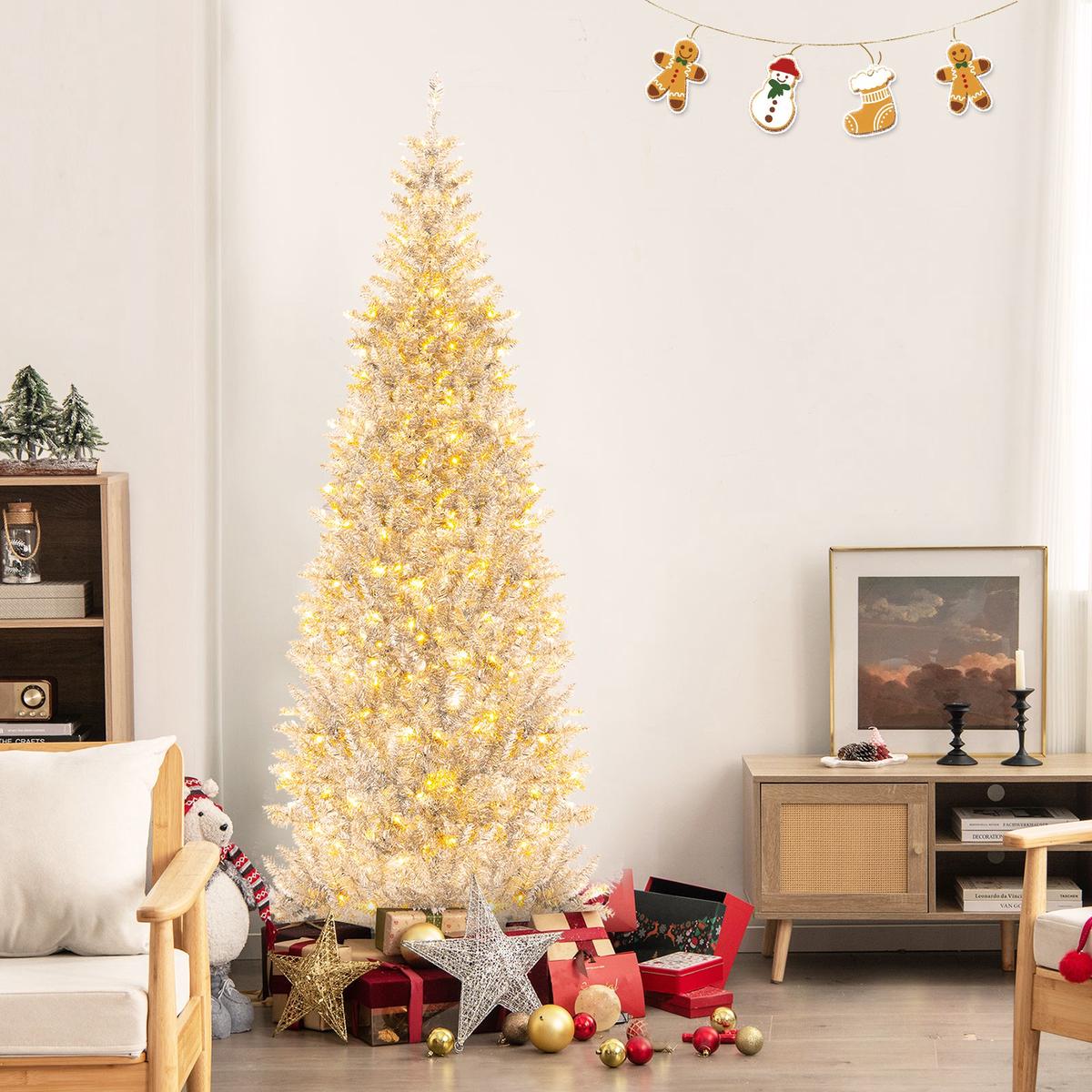 6/7  790  300  LED  - 7  6/7 FT Pre-Lit Artificial Silver Tinsel Xmas Tree with 790 Branch Tips and 300 LED Lights-7 ft