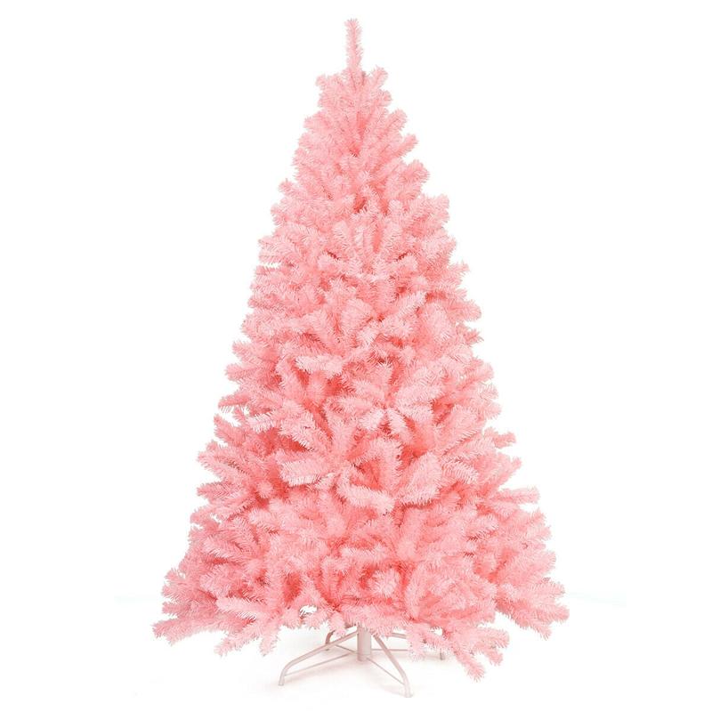 6 Feet Artificial Hinged Spruce Christmas Tree, Foldable Metal Stand, Pink
