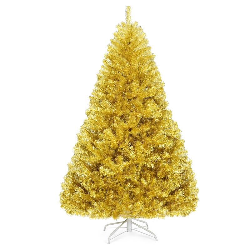 6 Ft Artificial Tinsel Christmas Tree, Hinged Foldable Stand, Gold