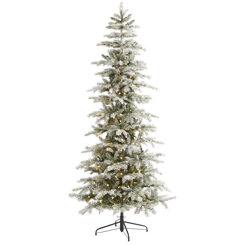7.5 Slim Flocked Nova Scotia Spruce Artificial Christmas Tree with 450 Warm White LED Lights and 909 Bendable Branches