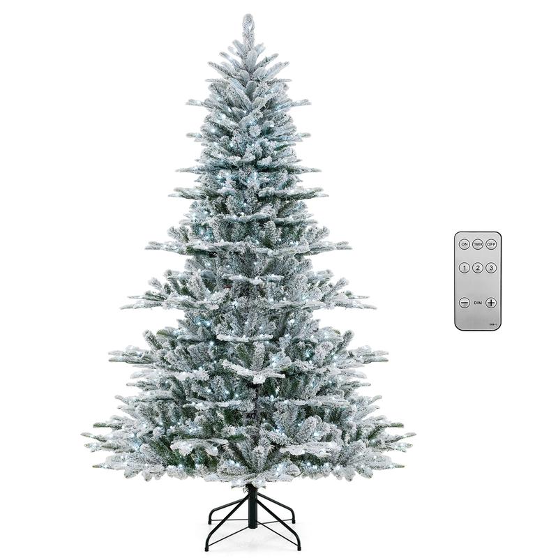 7 Feet Snow Flocked Artificial Christmas Tree, Cool White LED Lights, Green - Green