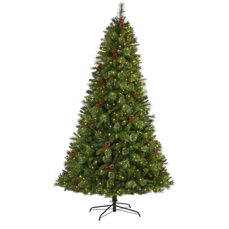 8 Aberdeen Spruce Artificial Christmas Tree with 500 Clear LED Lights, Pine Cones and Red Berries