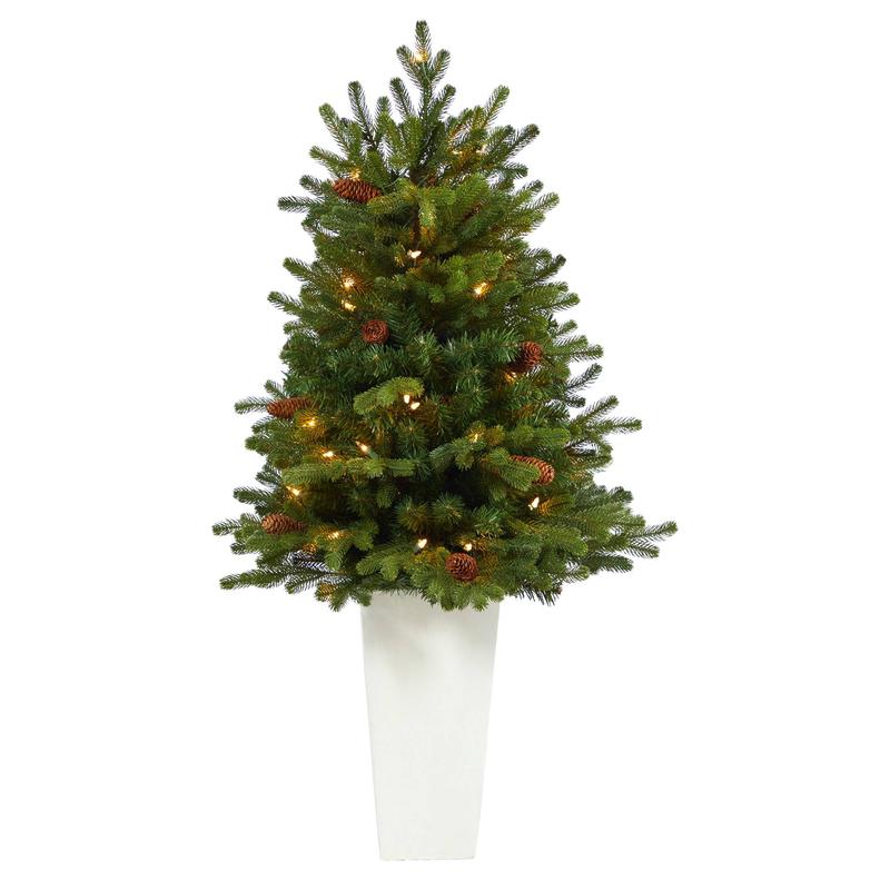 3.5 Yukon Mountain Fir Artificial Christmas Tree with 50 Clear Lights and Pine Cones in White Planter