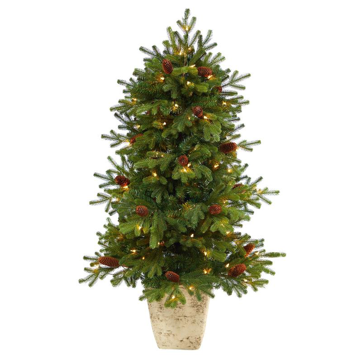 4 Yukon Mountain Fir Artificial Christmas Tree with 100 Clear Lights Pine Cones and 386 Bendable Branches in Country White Planter