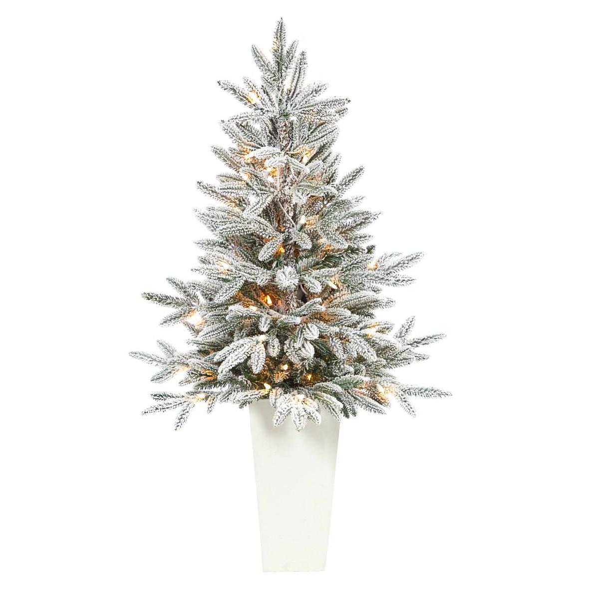 44 Flocked Manchester Spruce Artificial Christmas Tree with 50 Lights and 133 Bendable Branches in White Planter