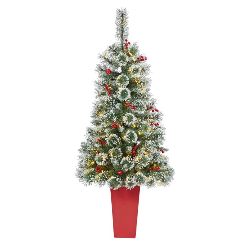 52 Frosted Swiss Pine Artificial Christmas Tree with 100 Clear LED Lights and Berries in Red Tower Planter