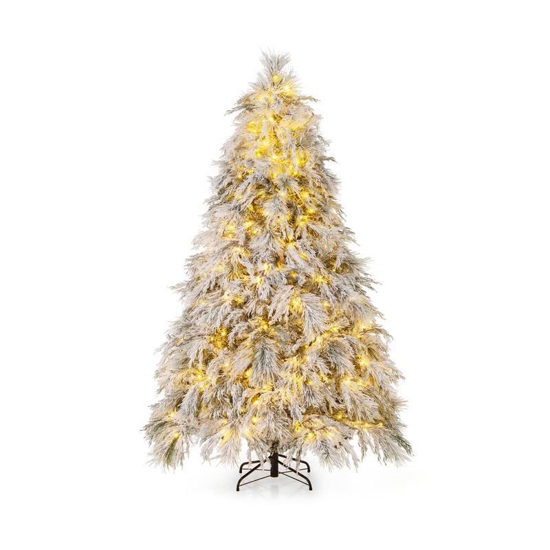 7 Ft Pre-Lit Snow Flocked Christmas Tree, Warm White LED Lights, White