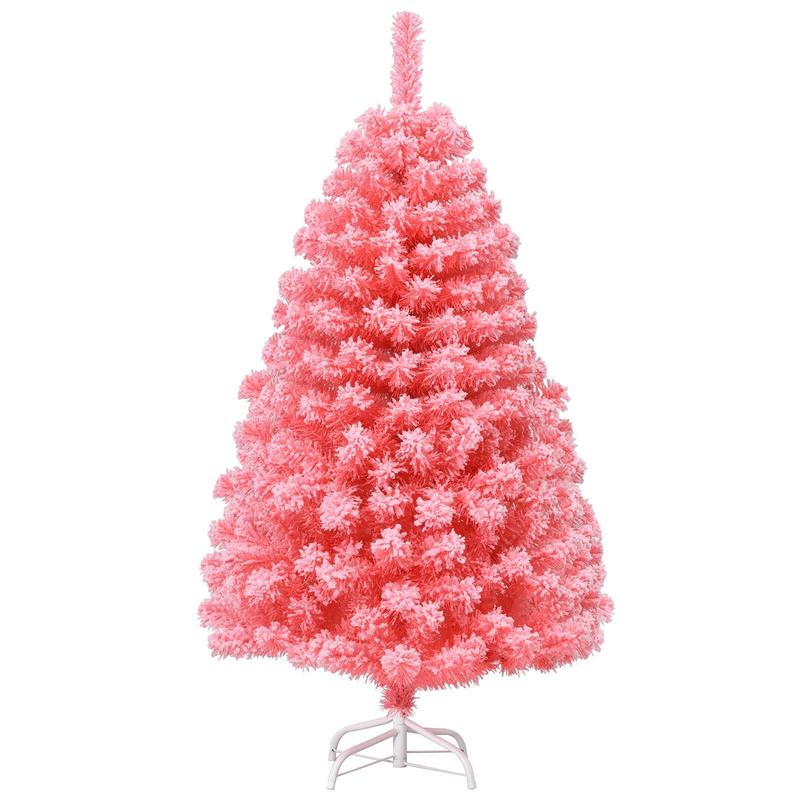 Christmas Tree, Snow Flocked PVC Tips, Metal Stand, 4.5 ft, Pink - Pink