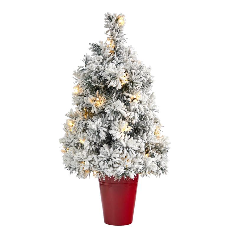 2 Flocked Artificial Christmas Tree with 30 Clear LED Lights in Burgundy Vase
