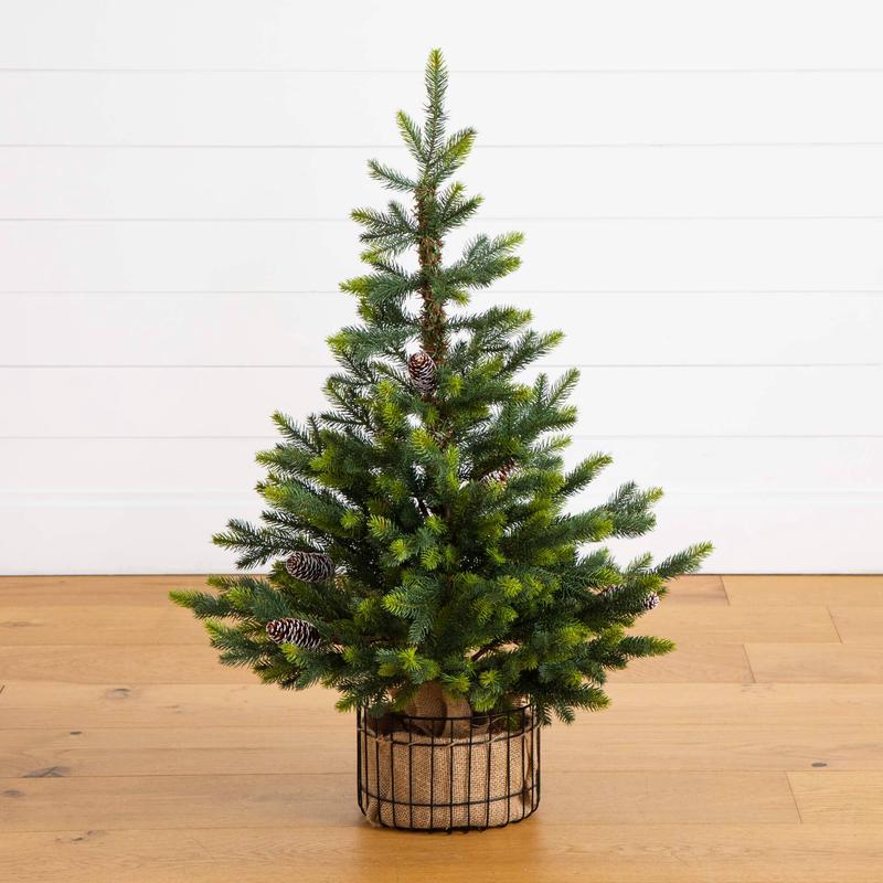 3' Artificial Balsam Fir Christmas Tree with Pine Cones in Jute Wire Planter
