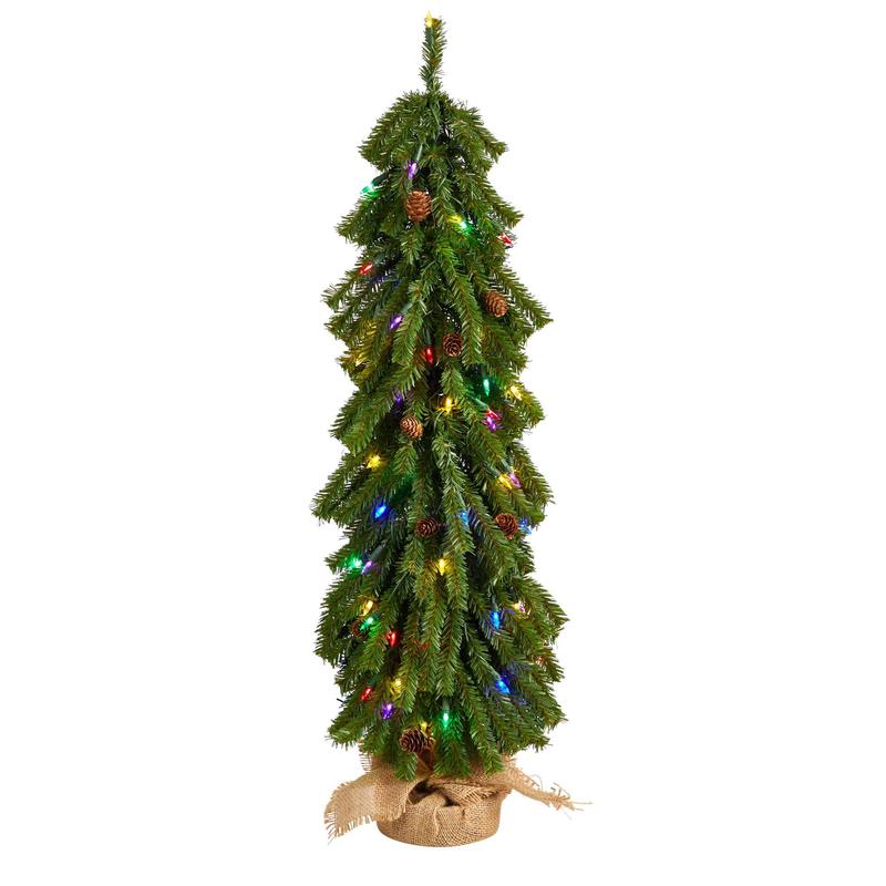 3 Artificial Christmas Tree with Pinecones and 50 Multicolored Lights Set in a Burlap Base