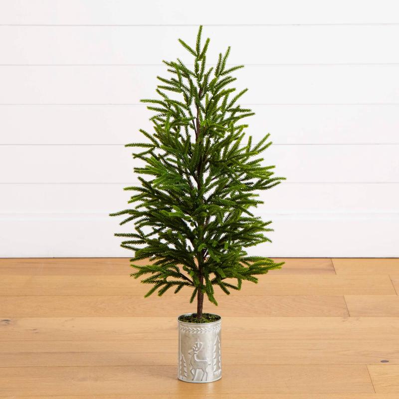 32" Artificial Real Touch Norfolk Island Pine in Christmas Tin Metal Planter with Natural Look