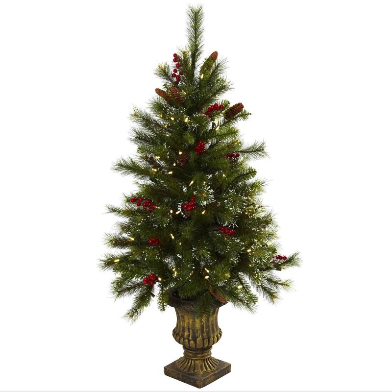 4 Christmas Tree w/Berries, Pine Cones, LED Lights & Decorative Urn