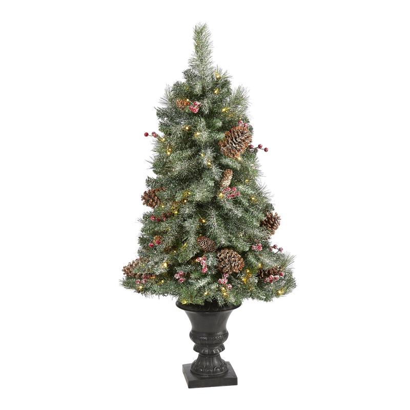 4 Frosted Pine, Pinecone and Berries Artificial Christmas Tree with 100 Clear LED Lights in Decorative Urn