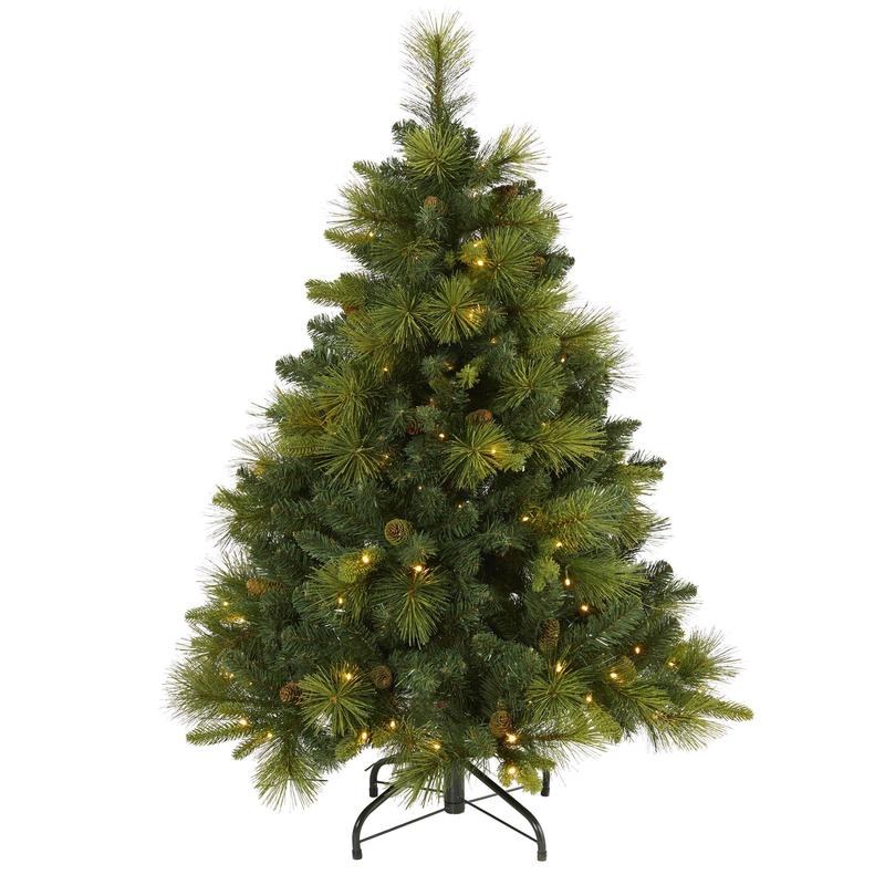 4 North Carolina Mixed Pine Artificial Christmas Tree with 130 Warm White LED Lights, 459 Bendable Branches and Pinecones