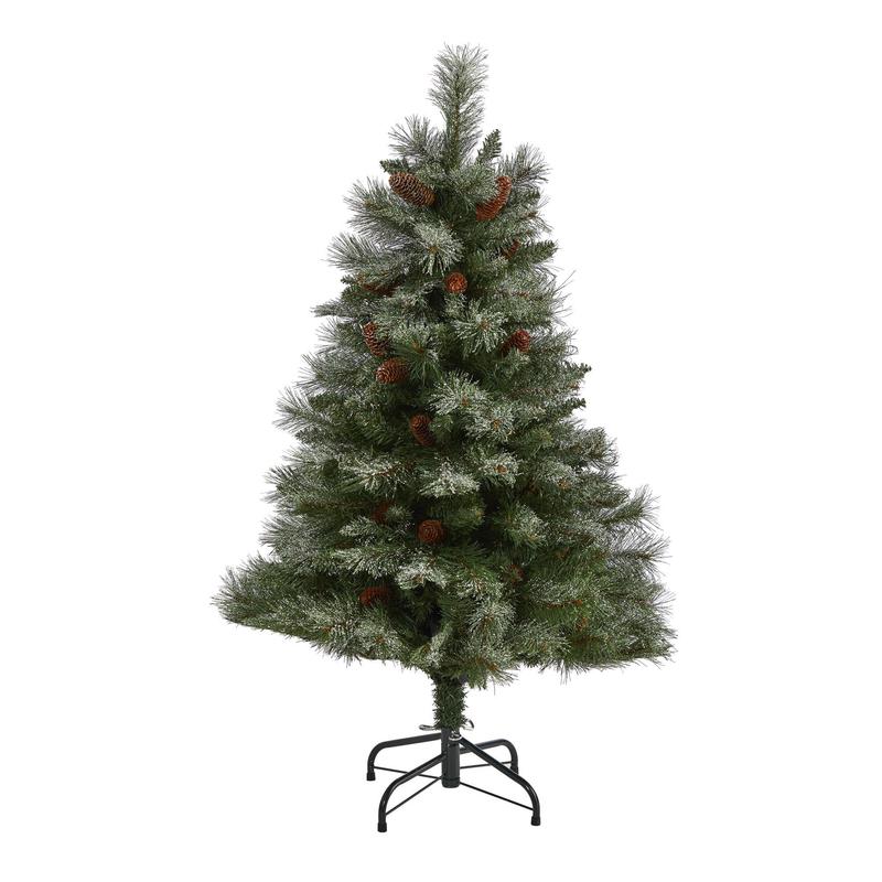 4 Snowed French Alps Mountain Pine Artificial Christmas Tree with 237 Bendable Branches and Pine Cones