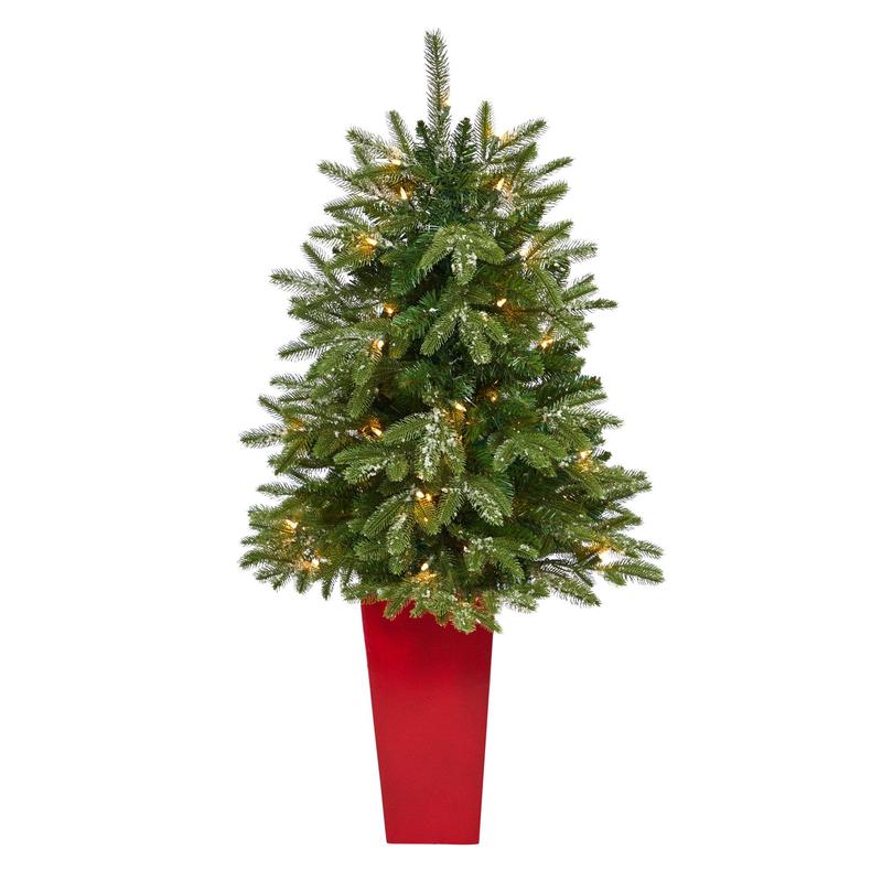 44 Snowed Grand Teton Fir Artificial Christmas Tree with 50 Clear Lights and 111 Bendable Branches in Red Planter
