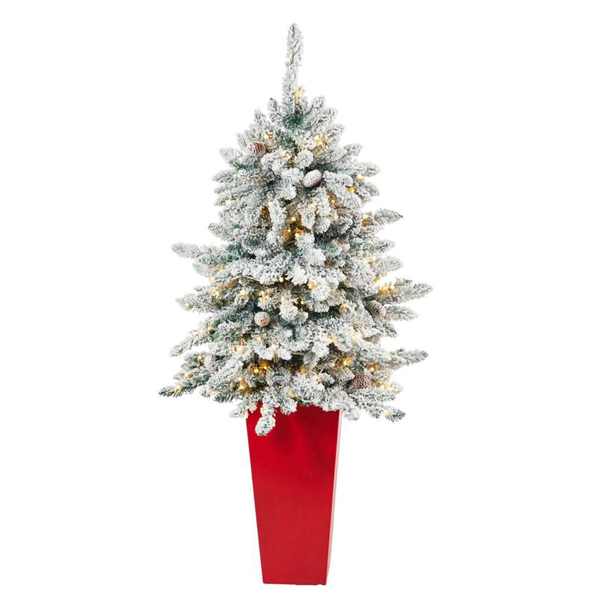 45 Flocked Livingston Fir Artificial Christmas Tree with Pine Cones and 150 Clear Warm LED Lights in Tall White Planter