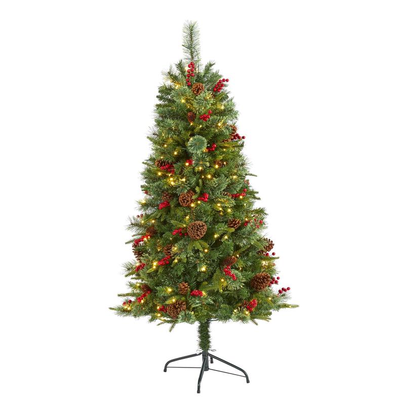 5 Norway Mixed Pine Artificial Christmas Tree with 200 Clear LED Lights, Pine Cones and Berries