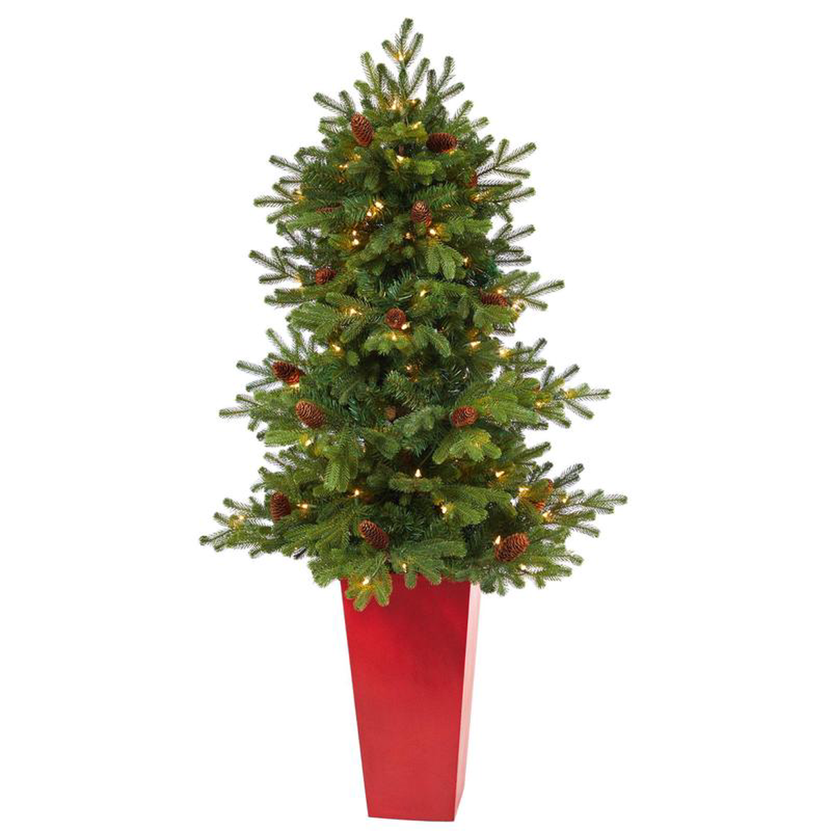 56 Yukon Mountain Fir Artificial Christmas Tree with 100 Clear Lights Pine Cones and 386 Bendable Branches in Red Tower Planter