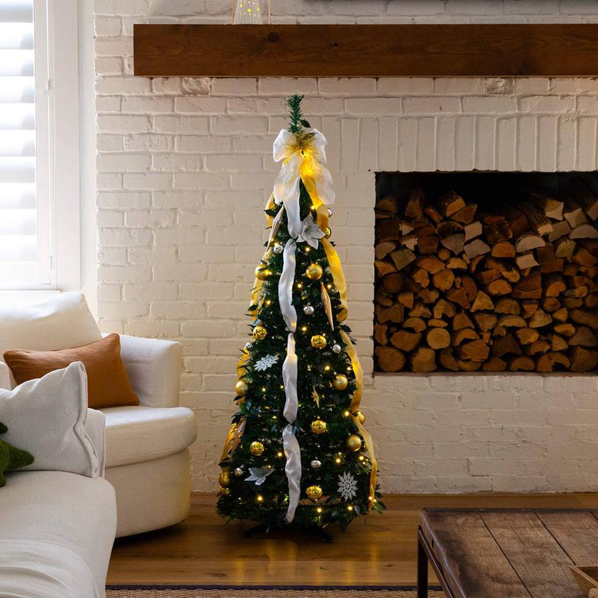 58217 Pre-Lit Artificial Pop up Christmas Tree with Gold 038 Silver Ornaments Ribbons and 100 Warm White LED Lights