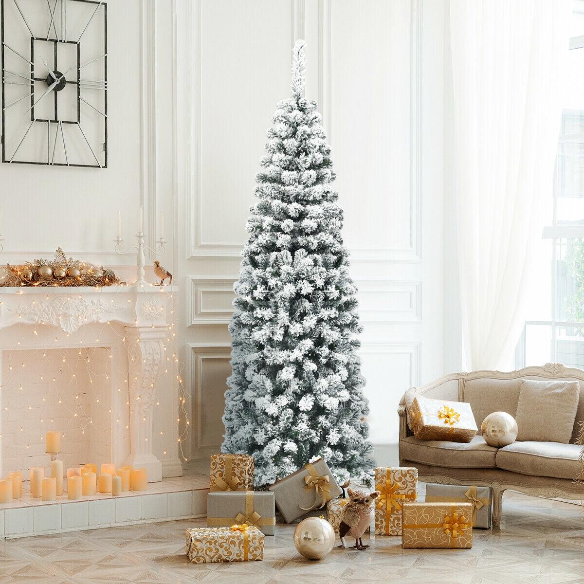 6  500  6 Feet Unlit Hinged Snow Flocked Artificial Pencil Christmas Tree with 500 Branch Tip