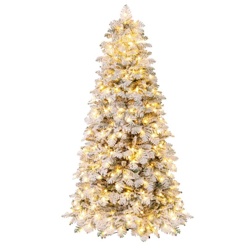 6/7 Feet Artificial Snow-Flocked Christmas Tree, Pre-Lit Hinged, Green - Green