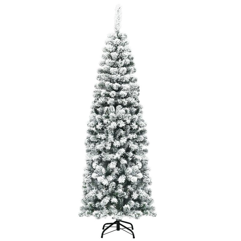 6 Feet Unlit Hinged Snow Flocked Artificial Pencil Christmas Tree, Green