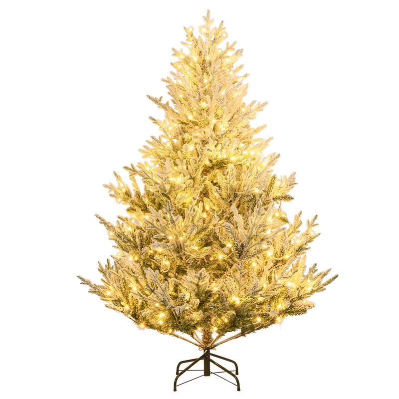 6 Ft Pre-Lit Artificial Christmas Tree, Hinged Snow Flocked, Green - Green