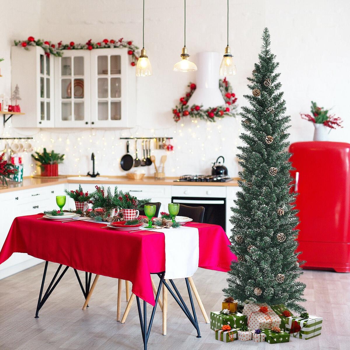 - 6  Snowy Artificial Pencil Christmas Tree with Pine Cones-6 ft