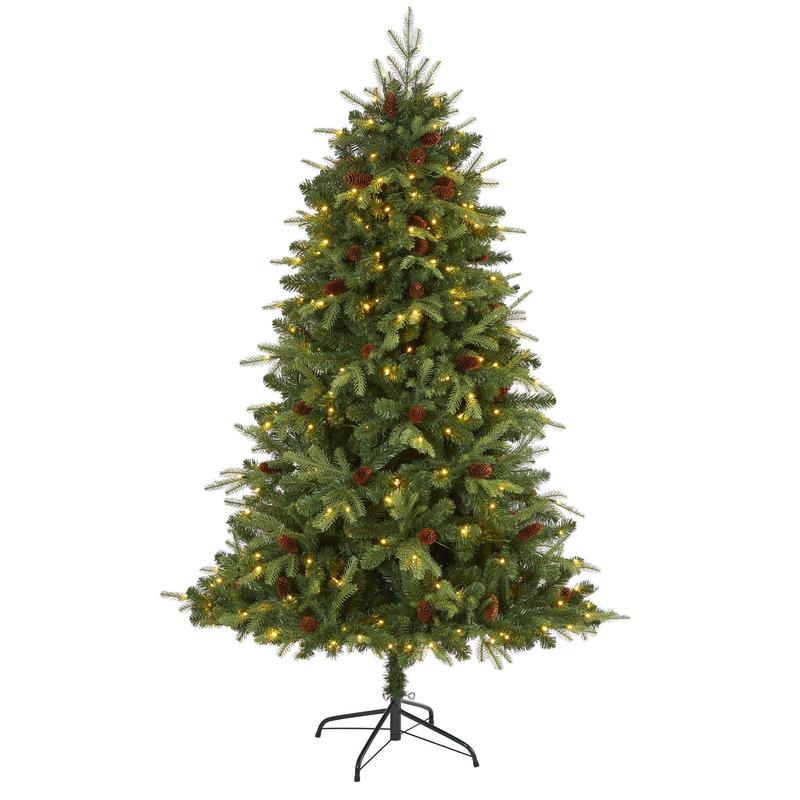 6 Wellington Spruce Natural Look Artificial Christmas Tree with 300 Clear LED Lights and Pine Cones