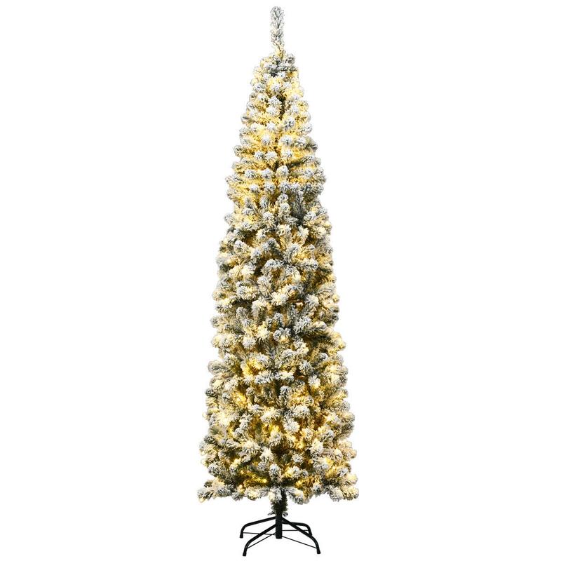 7.5 Feet Pre-lit Snow Flocked Artificial Pencil Christmas Tree, Green