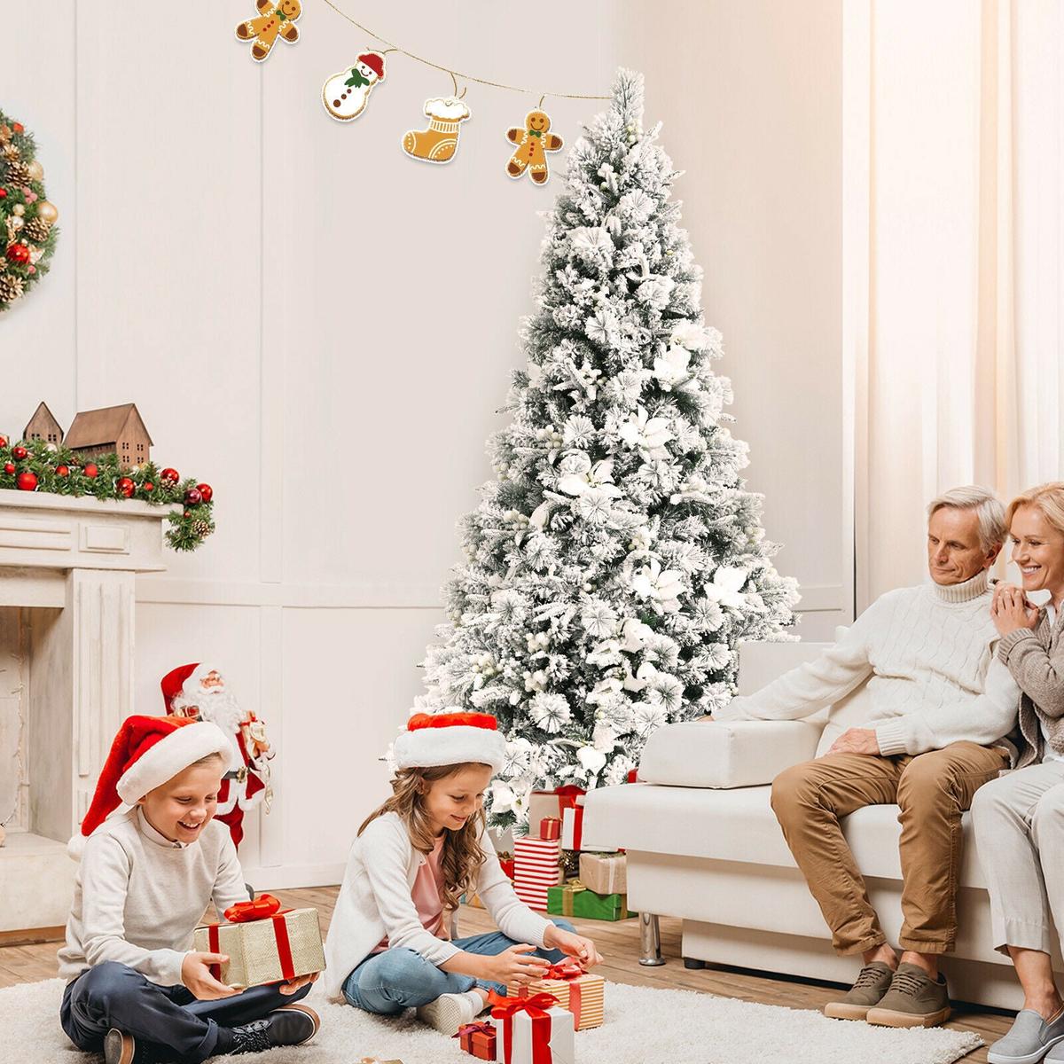 7  7 Feet Snow Flocked Christmas Tree with Poinsettia Flowers