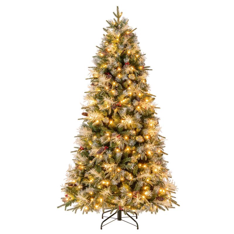 7 Feet Pre-Lit Artificial Christmas Tree, LED Lights With Berries, Green - Green