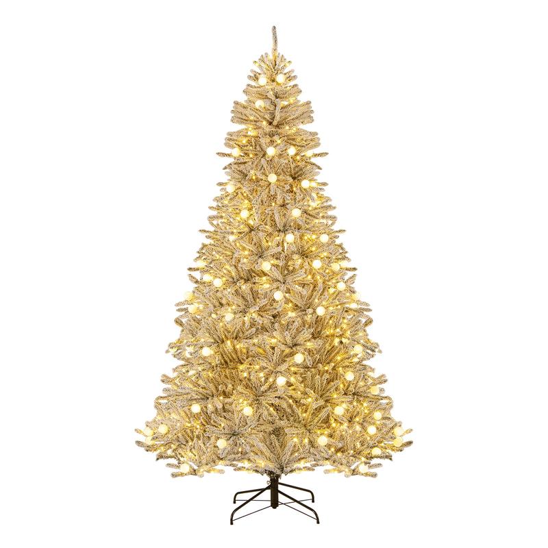 8 Feet Snow-flocked Artificial Christmas Tree Pre-lit Hinged with 81 Sphere Lights and Remote-L, Green - Green