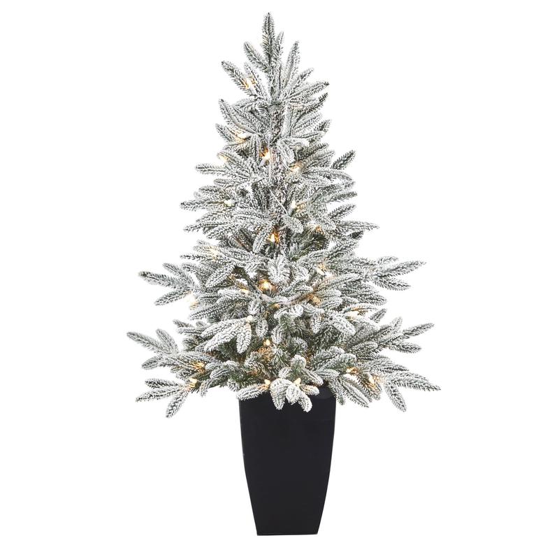 3.5 Flocked Manchester Spruce Artificial Christmas Tree with 50 Lights and 133 Bendable Branches in Metal Planter