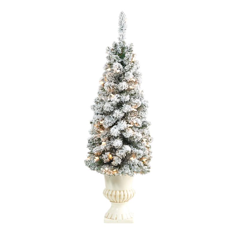 3 Flocked Pencil Artificial Christmas Tree with 50 Clear Lights and 132 Bendable Branches in White Urn