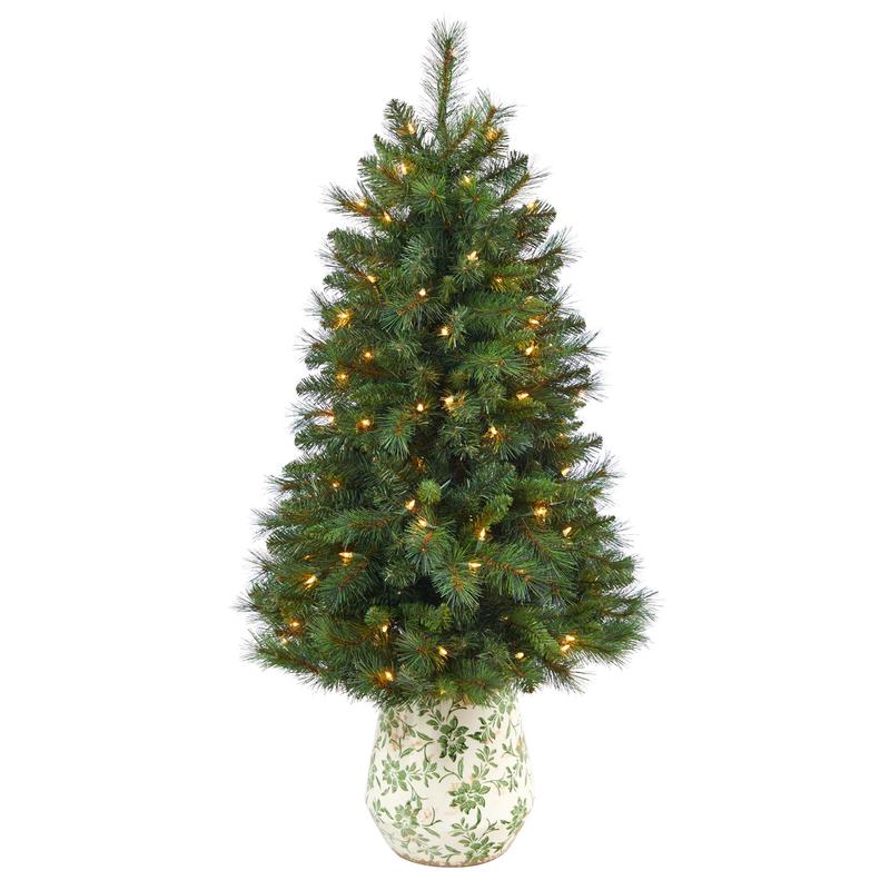 4.5 West Virginia Mountain Pine Artificial Christmas Tree with 100 Clear Lights and 322 Bendable Branches in Floral Print Planter