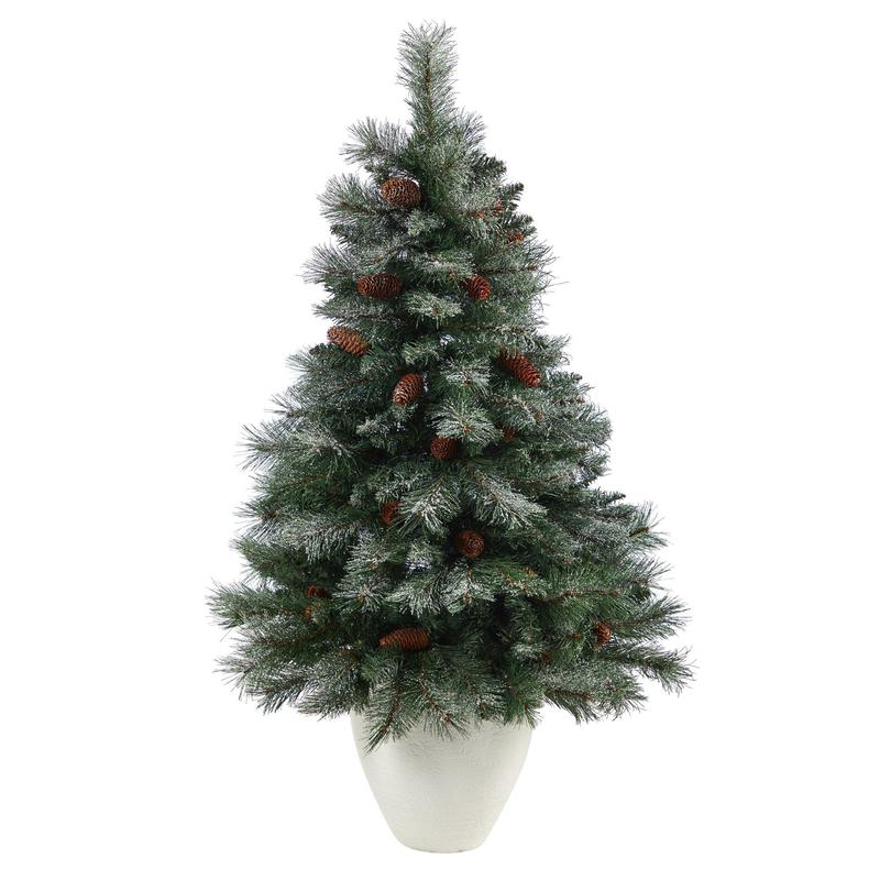 4 Snowed French Alps Mountain Pine Artificial Christmas Tree with 237 Bendable Branches and Pine Cones in White Planter