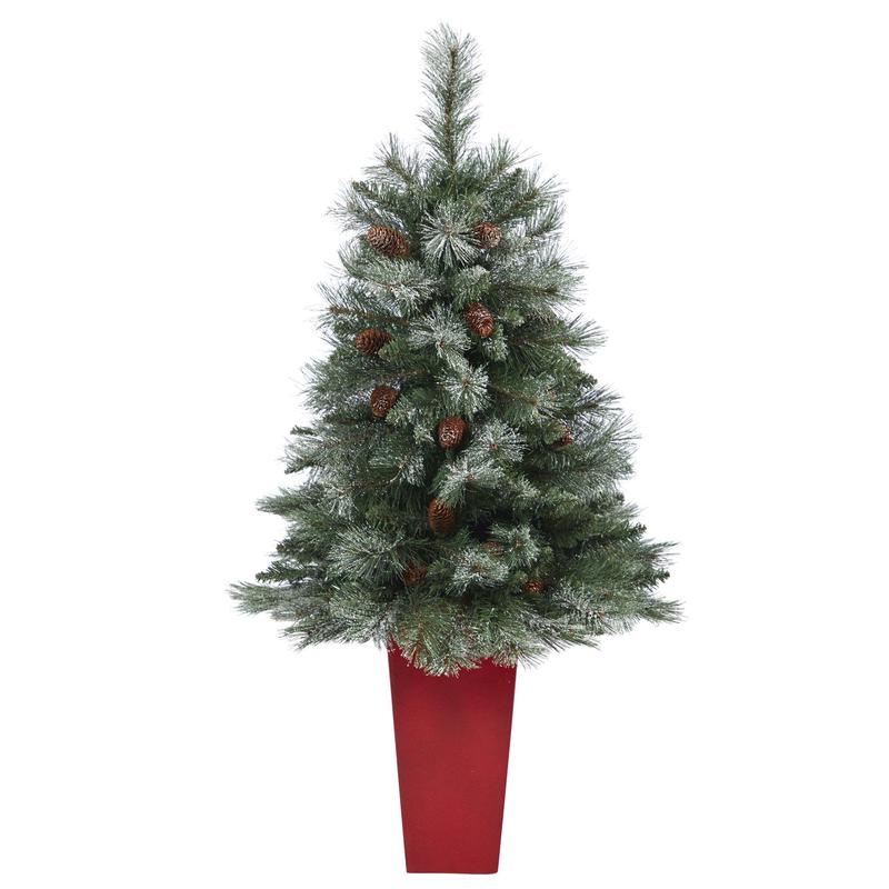 44 Snowed French Alps Mountain Pine Artificial Christmas Tree with 135 Bendable Branches and Pine Cones in Red Planter