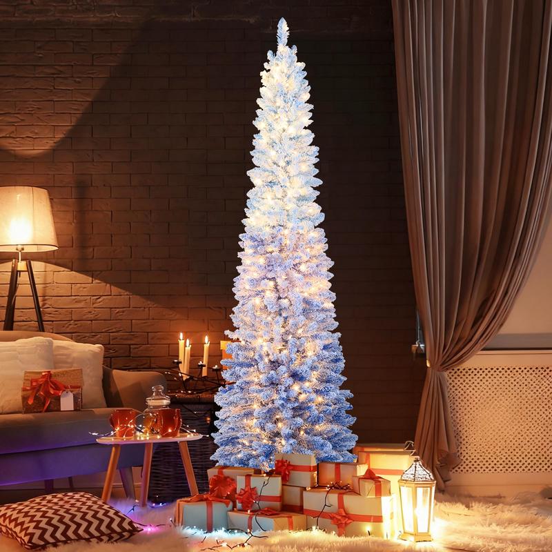 6/7 Feet Snow-Flocked Artificial Christmas Tree, Pre-Lit With 220/290 Warm White LED Lights, 7 Feet, Blue - Blue
