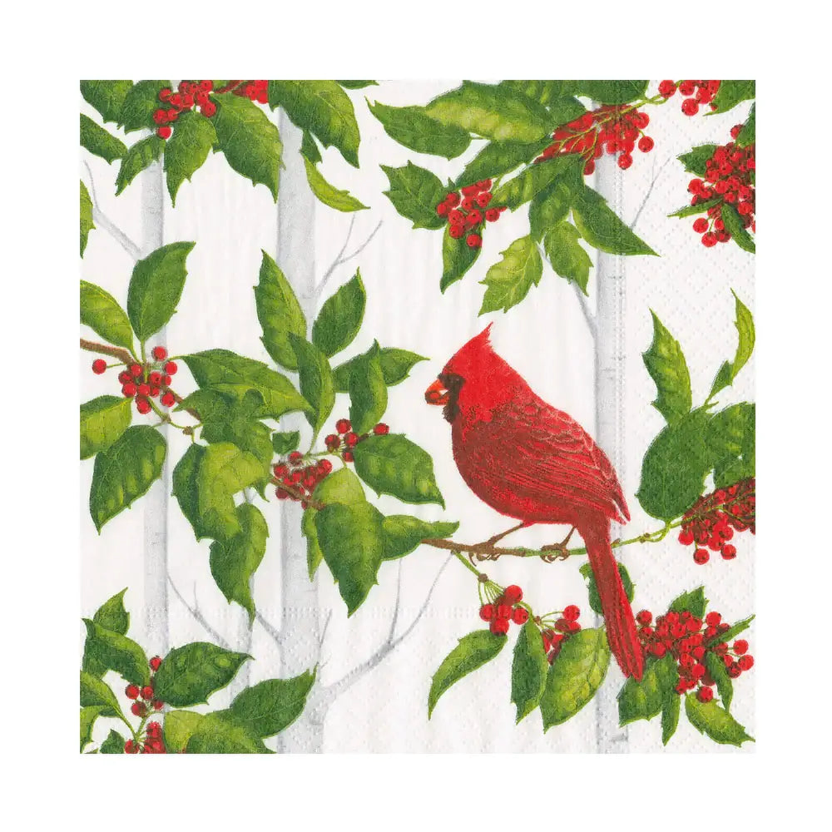 Caspari Luncheon Napkin - White / Silver Holly & Songbird (20 Pack)