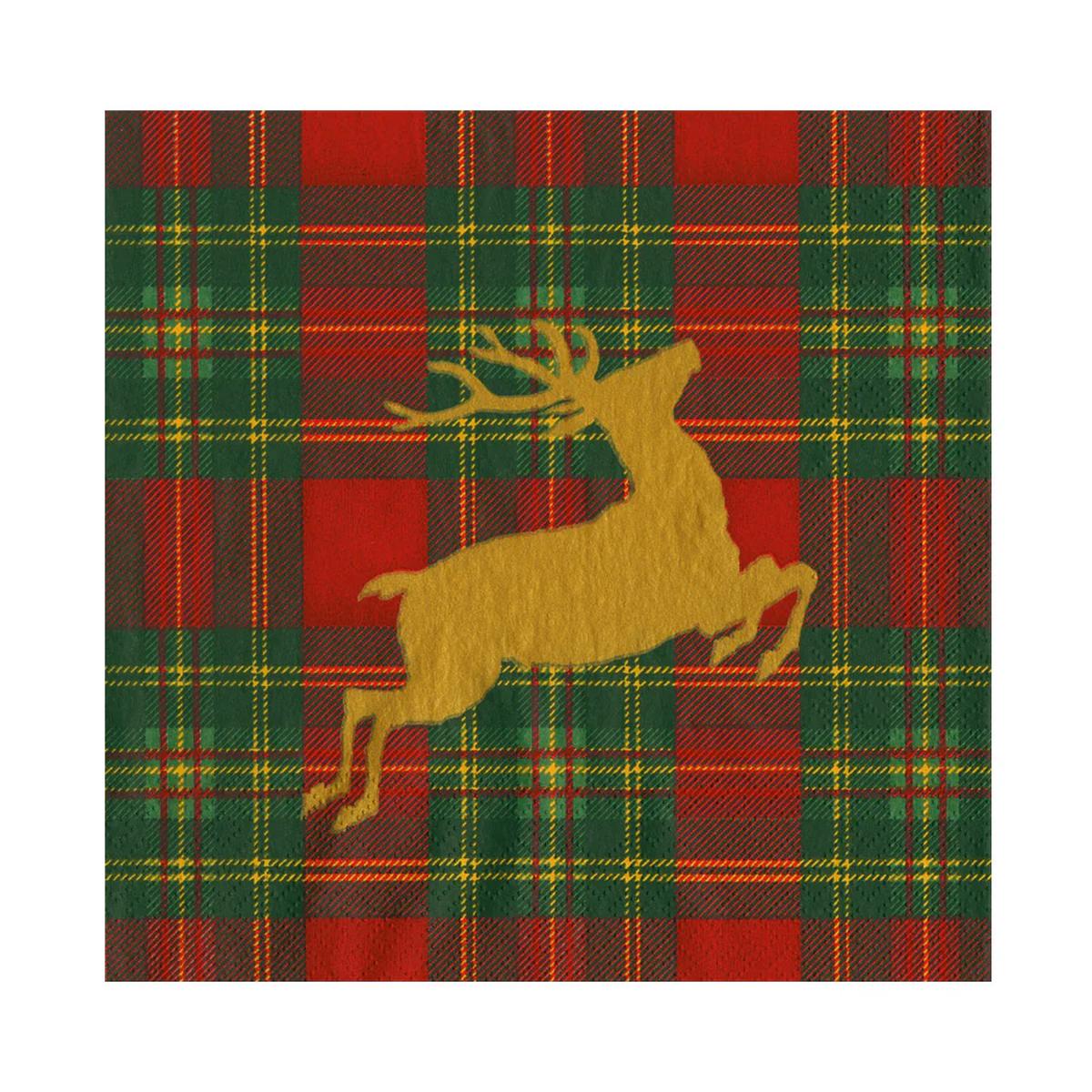 Caspari Reindeer Tartan Red Paper Napkins - 20 Luncheon Per Pack - Default Title