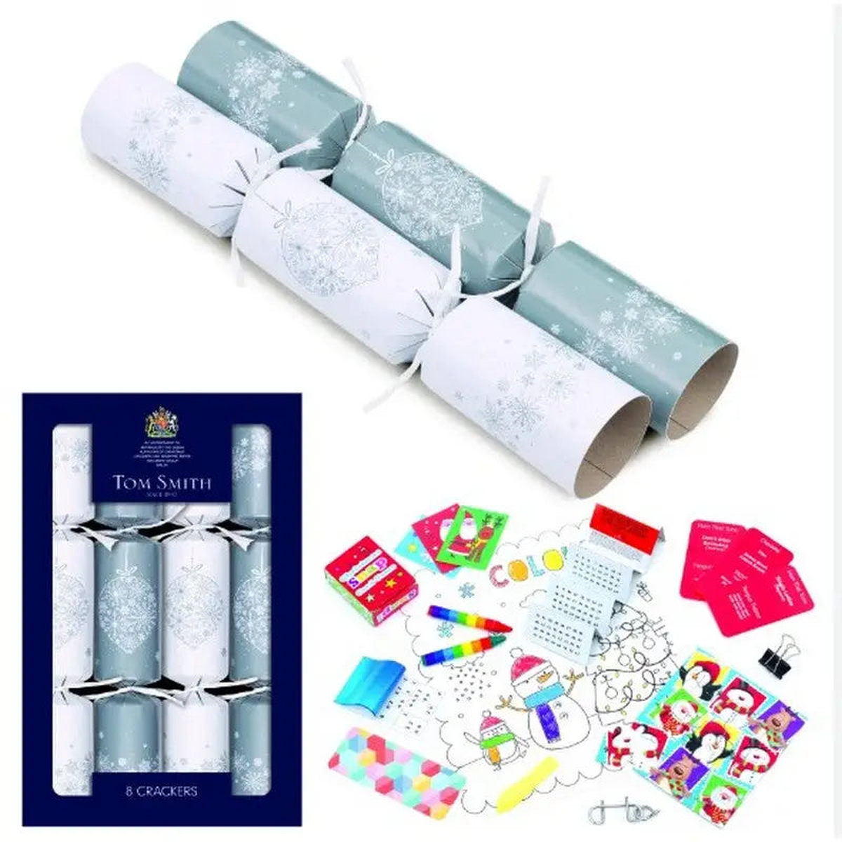 Tom Smith 8 Family Christmas Crackers 31cm / 12 Inch - 4 Colours Available - Silver & White